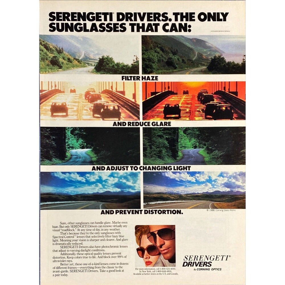 Corning Optics "Serengeti Drivers Sunglasses" Vintage Print Ad 1989